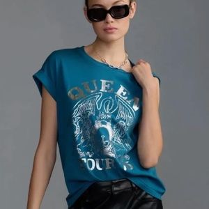 Anthro Letluv Teal Queen Tour 1975 Metallic Foil Graphic Tee T-shirt